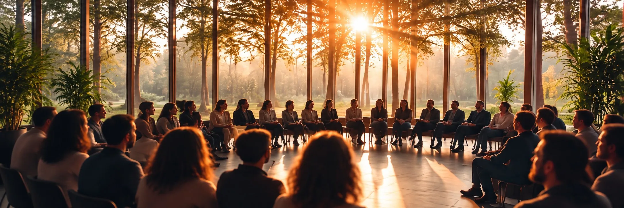 Un cerchio di persone sedute in una sala vetrata aperta sugli alberi, nella luce del tramonto